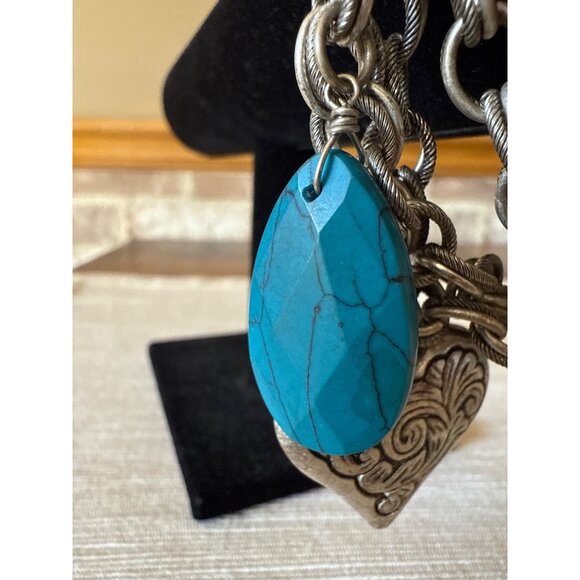 Boho Silver Tone Charm Bracelet Hearts Turquoise Glass Beads Toggle Statement - Picture 2 of 16